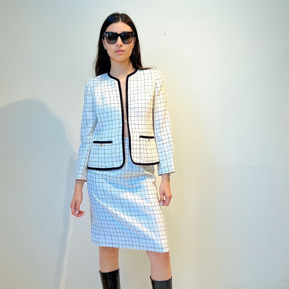 Silver Eye blazer and skirt set with gold tone hardware pleated skirt checked